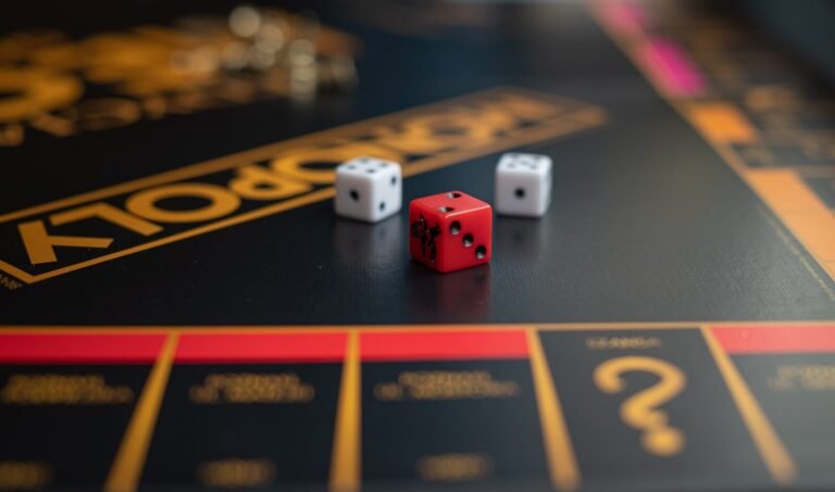 Three dice on a monopoly board game.